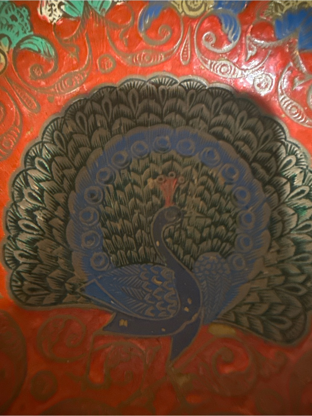 Vintage Brass Hand-Painted Red Peacock Decorative Bowl
